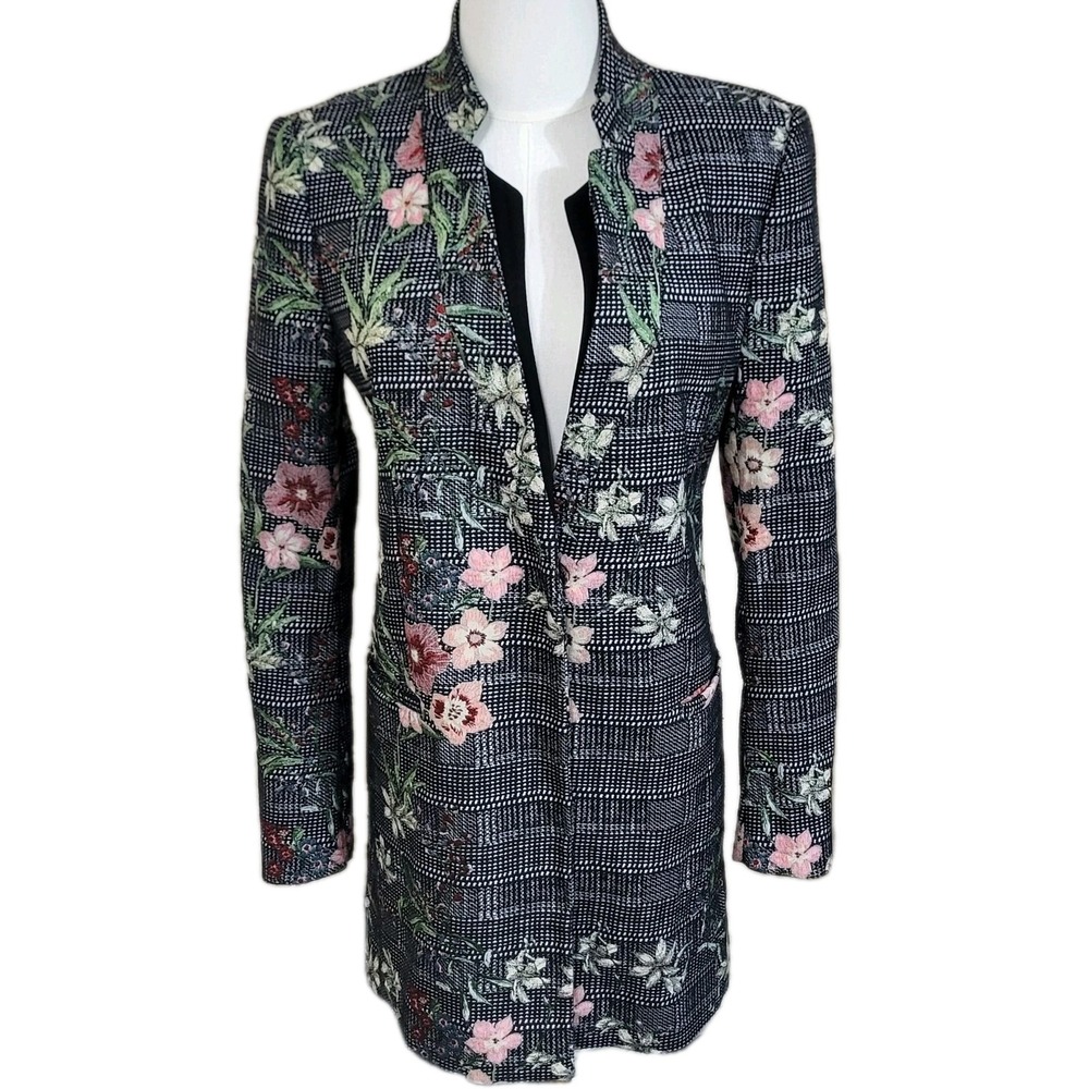 Zara Basic Coat Womens Medium Black Floral Tweed Single Breasted Embroidered